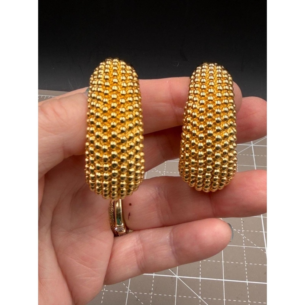 Vintage Ciner Earrings Beaded Texture Hoop Clip Gold Tone  2" × 1.25"